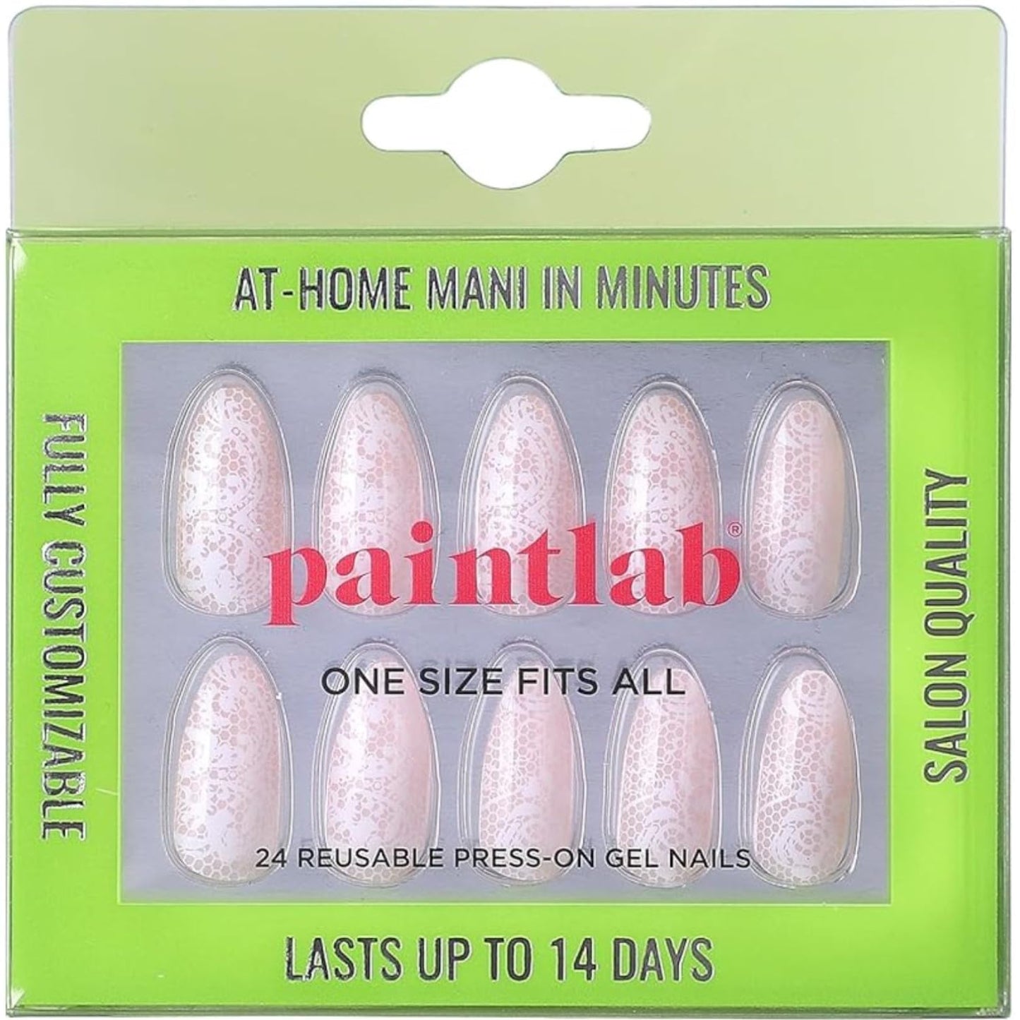 PaintLab Press On Nails - Beige Lace Almond Fake Nails, 30 Nails in 15 Sizes with Glue, Reusable Salon Quality Press On Nails