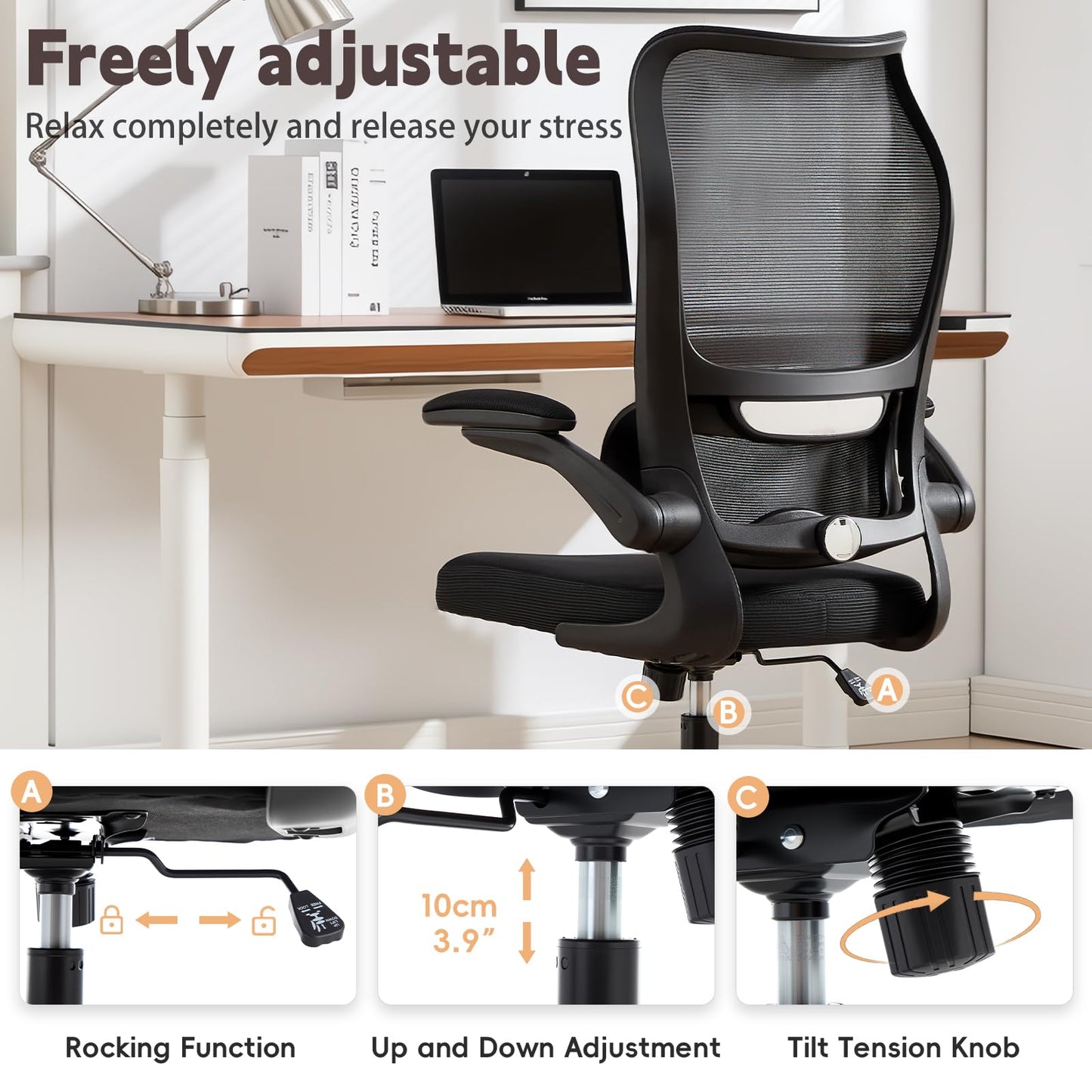 Ergonomic Office Chair, High Back Breathable Mesh Computer Desk Chair with Adjustable Lumbar Support and Flip-Up Armrests, 300LB Capacity Executive Swivel Task Gaming Seat for Home and Office (Black)