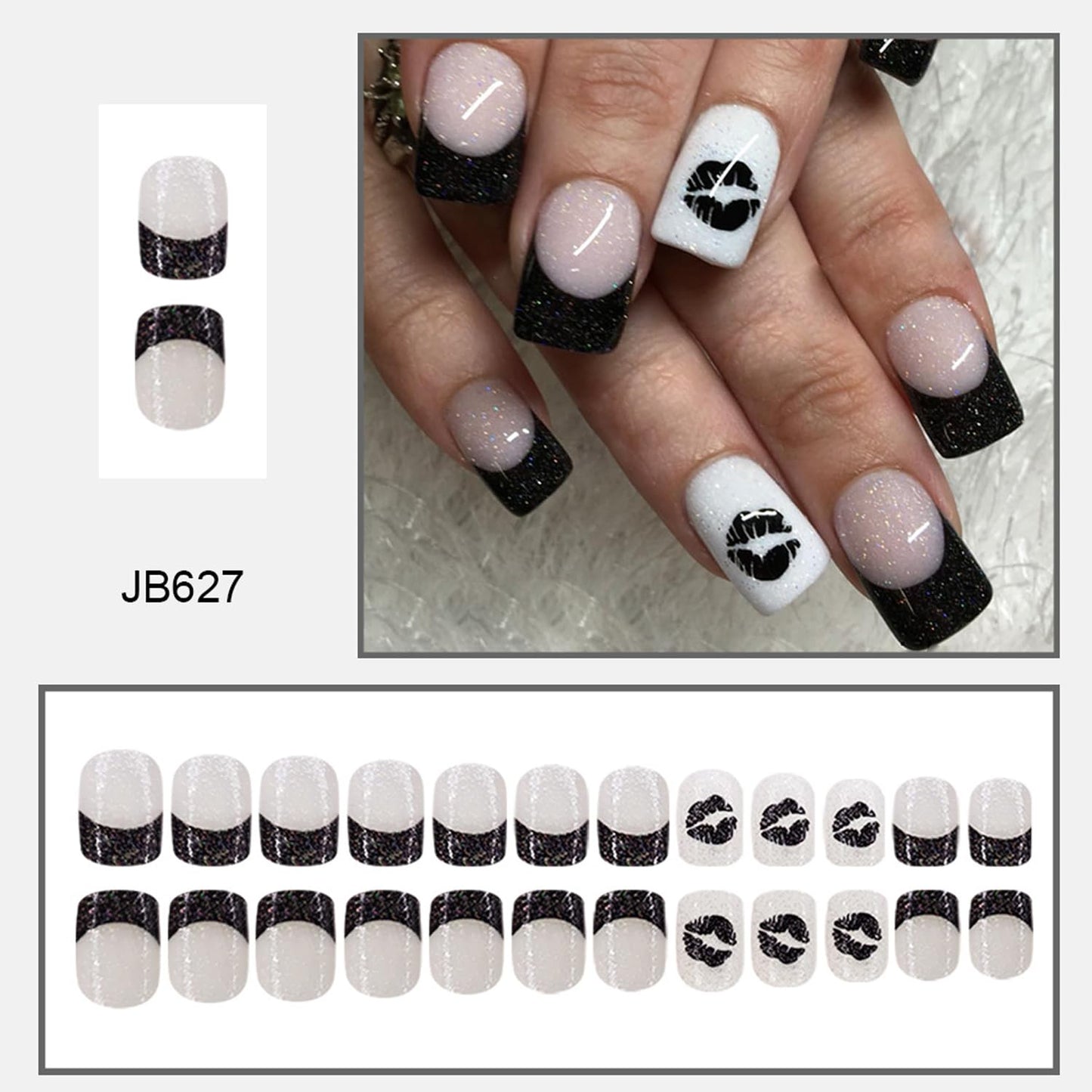 French Tip Press on Nails Short Square - French Black Lip Print Fine Glitter Designs Sparkling Short Fake Nails Acrylic Stick on Nails Artificial False Nails Valentine's Day for Women French Nails