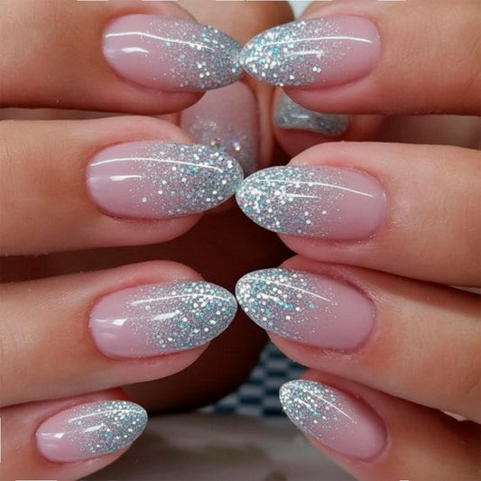 Curvlife Press On Nails Medium Almond Apricot - 30pcs Handmade Glitter Press on Nails with Glue, Glossy Nude Pink Apricot Full Cover Fake Nails Long Lasting False Nail Tips for Women