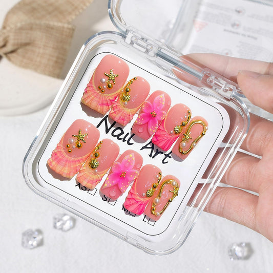 Vokupoga Square Handmade Press on Nails Medium Fake Nails with 3D Flower Pearl Designs French Tip Summer Beach Glossy Acrylic Nails for Women 10Pcs(Size M)