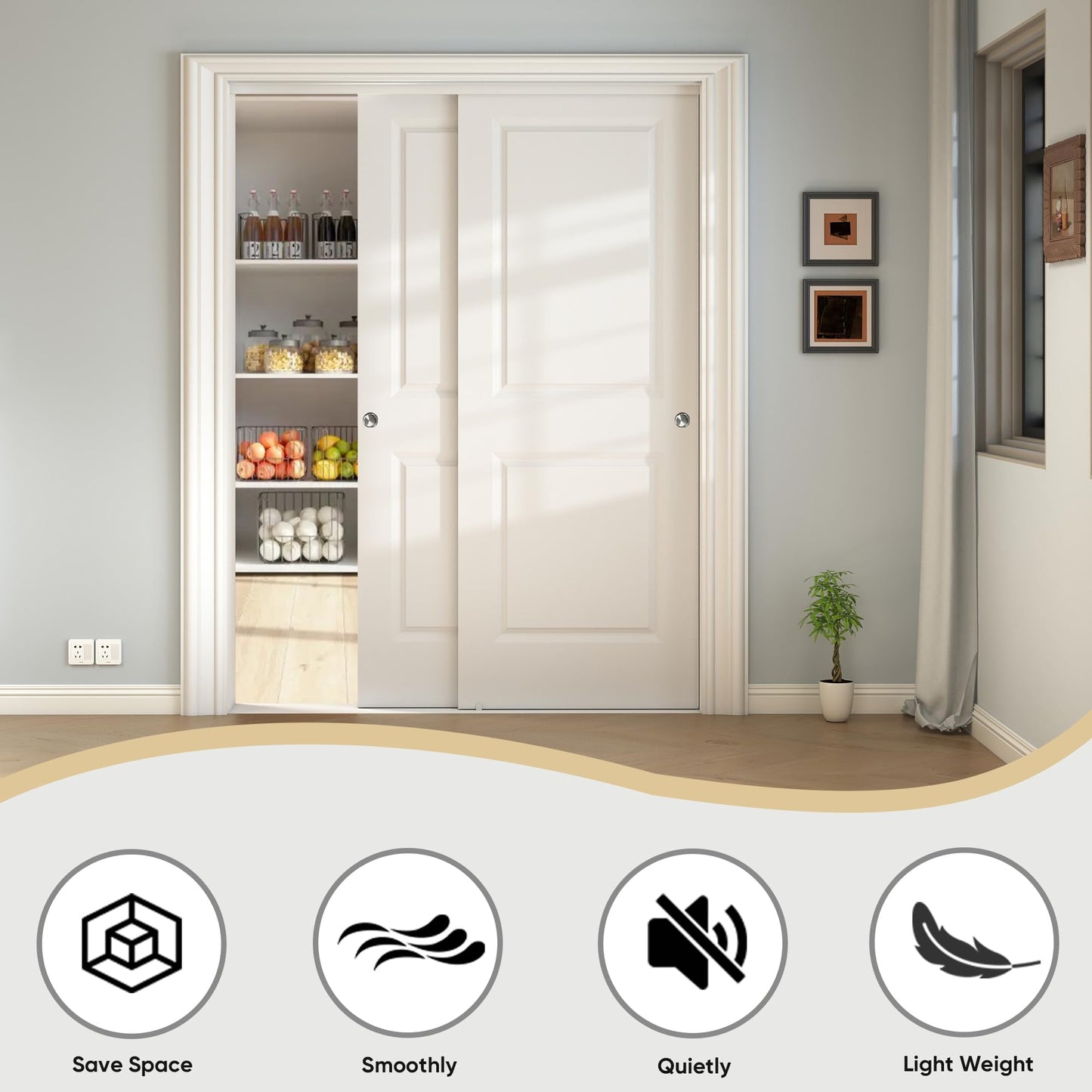 JUBEST 48x80 in Sliding Closet Door, Raised 2-Panel Square Top White Primed Hollow Core Door Slab with Hardware Kits & Matching Fascia, Pre-drilled & Paintable, Space-Saving for Bedroom Laundry
