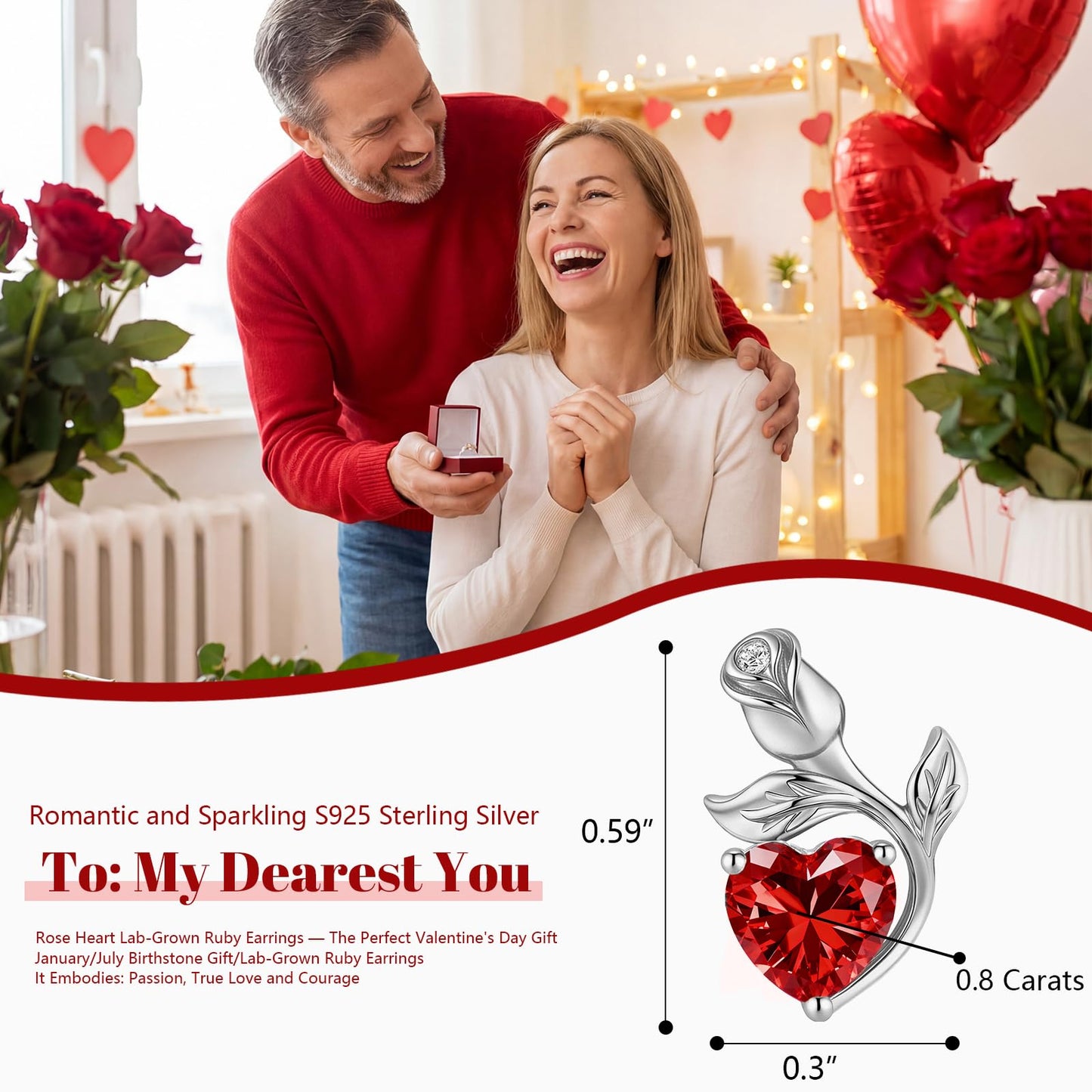 JACUPO Rose Heart Necklace and Earrings Set (Necklace 1.2CT / Earrings 0.8CT) Moissanite/Lab-Grown Sapphire/Ruby Options S925 Sterling Silver 18K White Gold Plated Engraved "I LOVE YOU" Perfect Engagement Gift for Girlfriend Wife (Ruby Silver)
