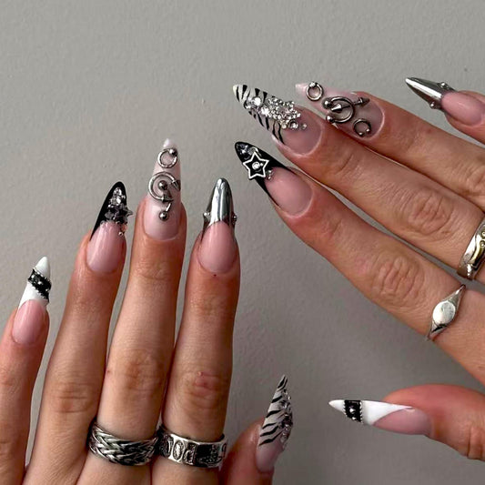 Long Press on Nails Almond Fake Nails Black Artificial Nail Silver Charm Rhinestones Stick on Nail for Women 24pcs
