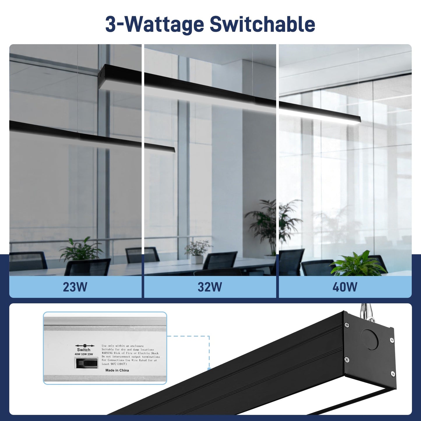 hykolity 4FT LED Architectural Suspended Linear Channel Light Linkable, 23/32/40W 3000K/4000K/5000K CCT Selectable, 0-10V Dim Office Lighting Fixture for Commercial Places, 4600lm, ETL, 4 Pack - Black