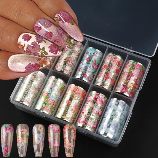Flower Nail Art Foil Transfer Stickers Spring Flowers Nails Foils Transfer Decals Flower Nail Decals Nail Art Supplies Starry Sky Paper Nail Adhesive Transfer Slider for Women Manicure Nail Decoration