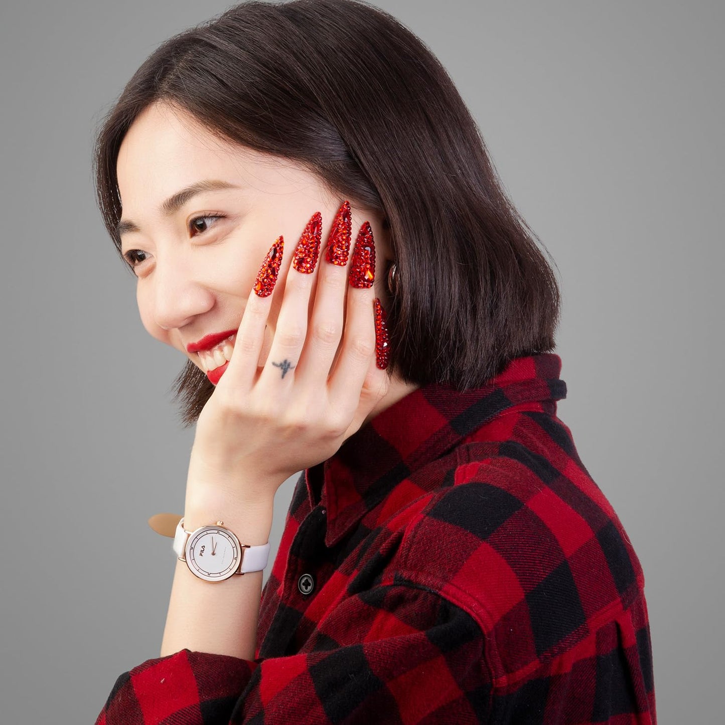 LOVFUL Press on Nails Flaming Luxury Red Stiletto | Handmade with Full Covered Crystals| Reusable Fake Nails | Stiletto Mid Length 1.7 in | H39-M
