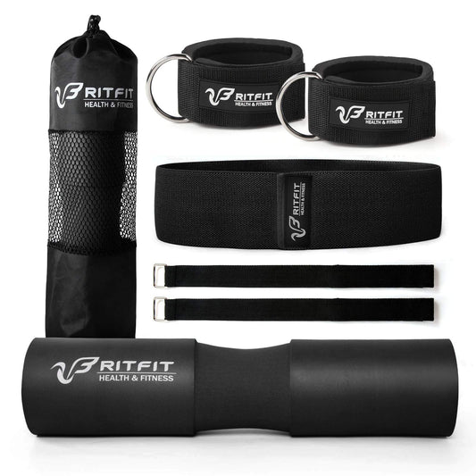 RitFit 7 Pcs Barbell Squat Pad Set, with Resistance Band, 2 Safety Straps, 2 Gym Ankle Straps & Carry Bag, Upgraded Neck & Shoulder Protective Pad Support for Squats, Lunges & Hip Thrust (Pink/Black)