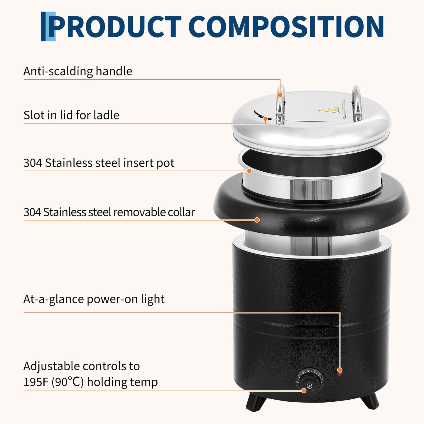 Garvee 13.7QT Commercial Soup Kettle, Automatic Soup Warmer with Anti-Scald Handle and Stainless Steel Removable Insert Pot for Large Banquet & Buffet, Built-in Hinged Lid