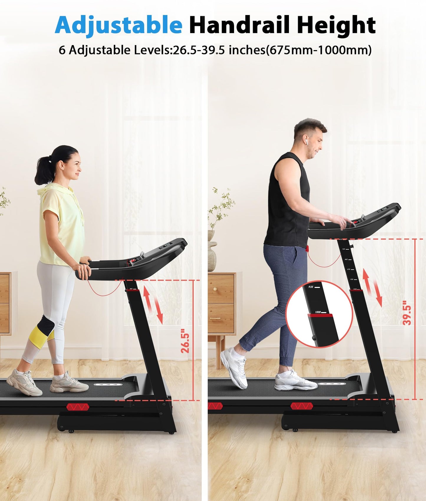 CIIHI Treadmill with Auto Incline - Adjustable Height Handrail 15% Auto Incline Treadmill with 400 lbs Capacity - Foldable Running Machine for Home with APP, Voice Control and Speaker - 8.7 MPH