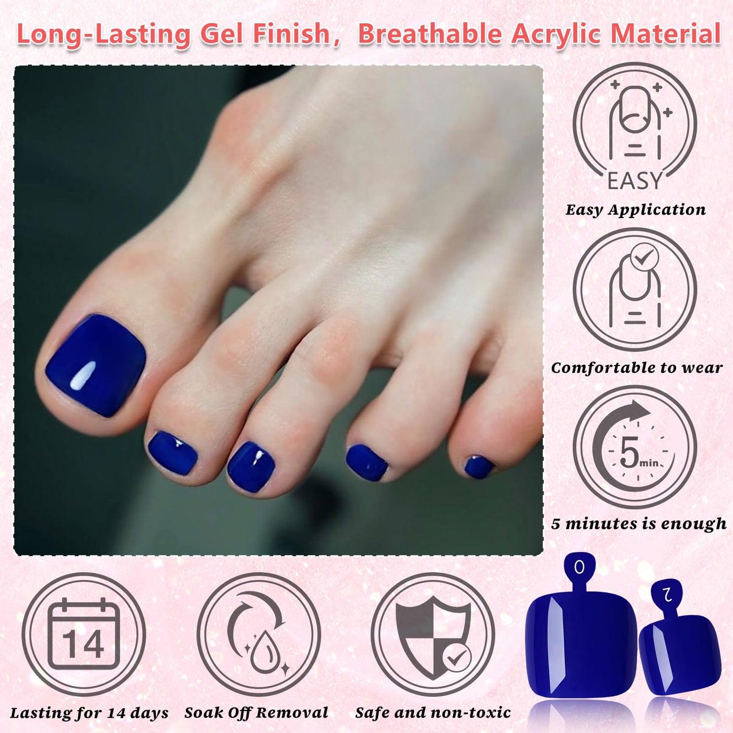 EternalClassic 144pc Press on Toenails for Women Toe Nail Press ons Short Square with Glue&Jelly Glue, Blue Fake Toe Nails Glue on Toe Nails, Full Cover Acrylic Artificial Toe Press on Nails