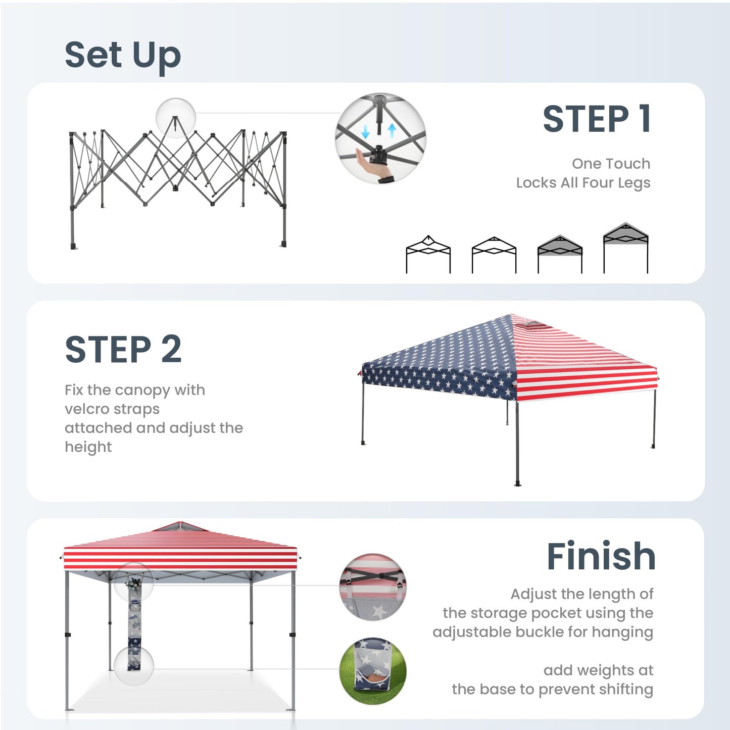PHI VILLA 10x10 Pop Up Canopy Tent - One Push Setup, Instant Shade Tent with Vented Roof for Beach & Events - Includes Storage Bag, Sandbags, Stakes & Ropes (American Flag)