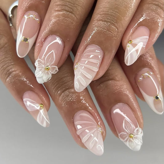 24Pcs White French Tip Press on Nails Medium Almond Fake Nails with Seashell Designs 3D Flower Acrylic Nails Gold Rhinestones Stick on Nail Summer False Nail Cute Ribbon Glue on Nails for Women