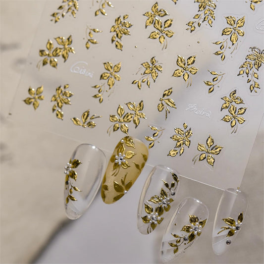 Phuryllic 3D Nail Stickers for Nail Art, Embossed Self-Adhesive Cute Nail Charms & Decals for DIY Nails, Easy-to-Apply Nail Design Supplies & Accessories for Home Manicure-Golden Blossom Charm