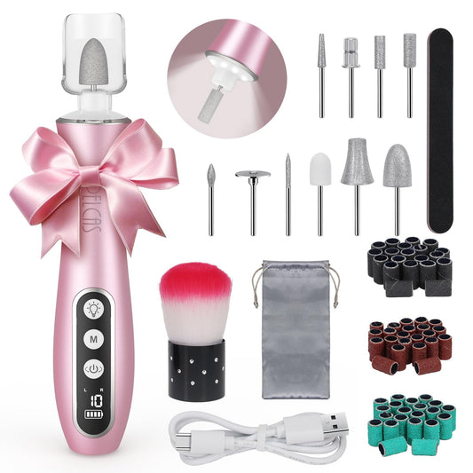 PELCAS Electric Nail File, 10 Speeds Cordless Nail Drill Kit with LED Light, Professional Nail Grinder with LCD Screen Portable e File for Human, Pet, Thick Toenails, Natural & Acrylic Nails Pink
