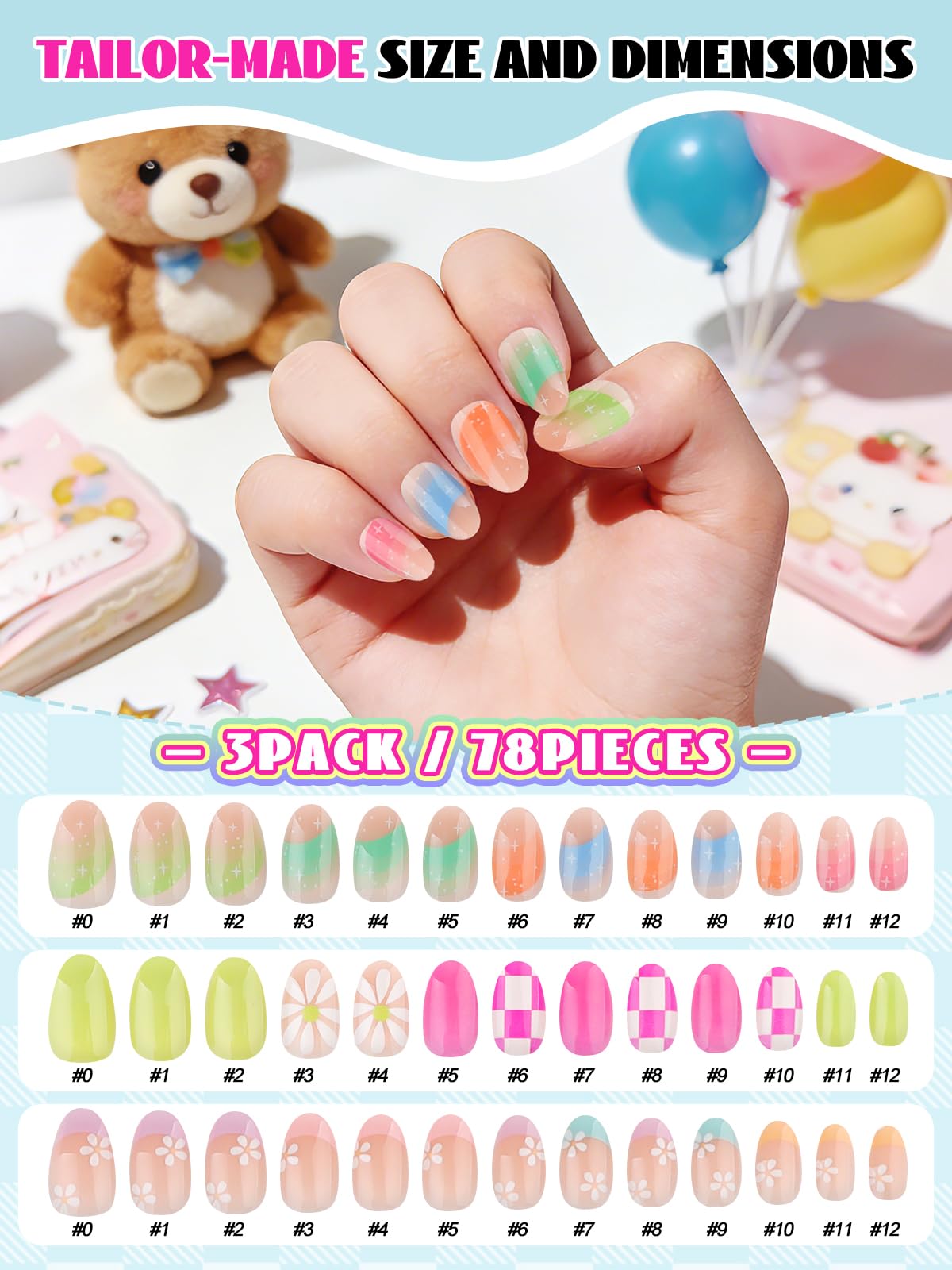 72 Pieces Press on Nails Grils, EBANKU Kids Fake Nails with Glue Kit Full Cover Short Acrylic Nails Art Decoration for Girls 8-12