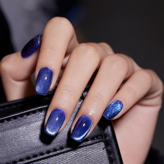 Blue Press on Nails Short Square Fake Nails Cat Eye False Nails with Designs Glossy Glue on Nails Glitter Gel Polished Reusable Artificial Squoval Acrylic Nails Stick on Nails for Women 24 Pcs