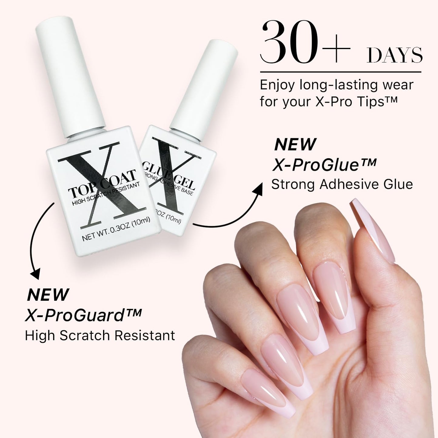 SXC Cosmetics French Tip Press On Nails - Skin Tone Nude and Color Series, Medium Coffin X-Pro Tips Starter Kit ST120KIT