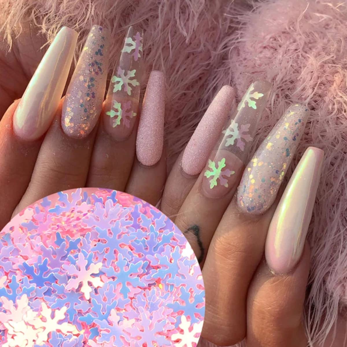 Christmas Nail Art Stickers Decals - 6 Grids Blue Snowflake Glitter Sequins - Xmas Snow flakes Nail Art Decoration for Nails Pink Snowflakes Winter Christmas Nail Supplies for Professional Accessories
