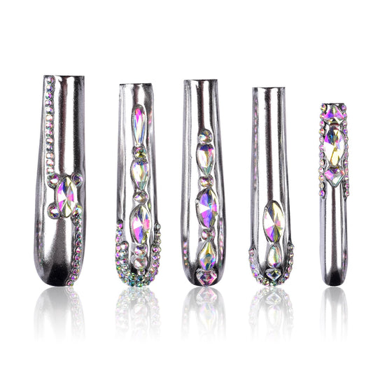 Tmani 10pc/set Extra Long Handmade Press On Nail Hot Girl's Long Ballet Nails Square Nail Full of Diamond Glitter Decoration Fake Nails Suitable For Girls Festival Parties and Birthday Gift (091,L)