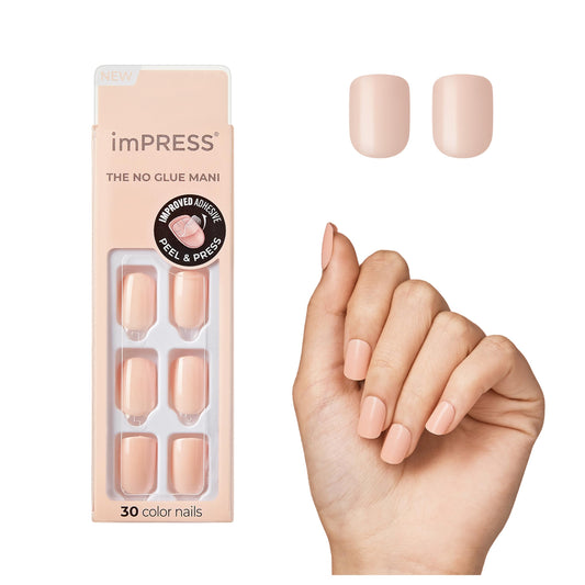 KISS imPRESS No Glue Mani Press On Nails, Color, 'Peevish Pink', Pink, Short Size, Squoval Shape, Includes 30 Nails, Prep Pad, Instructions Sheet, 1 Manicure Stick, 1 Mini File