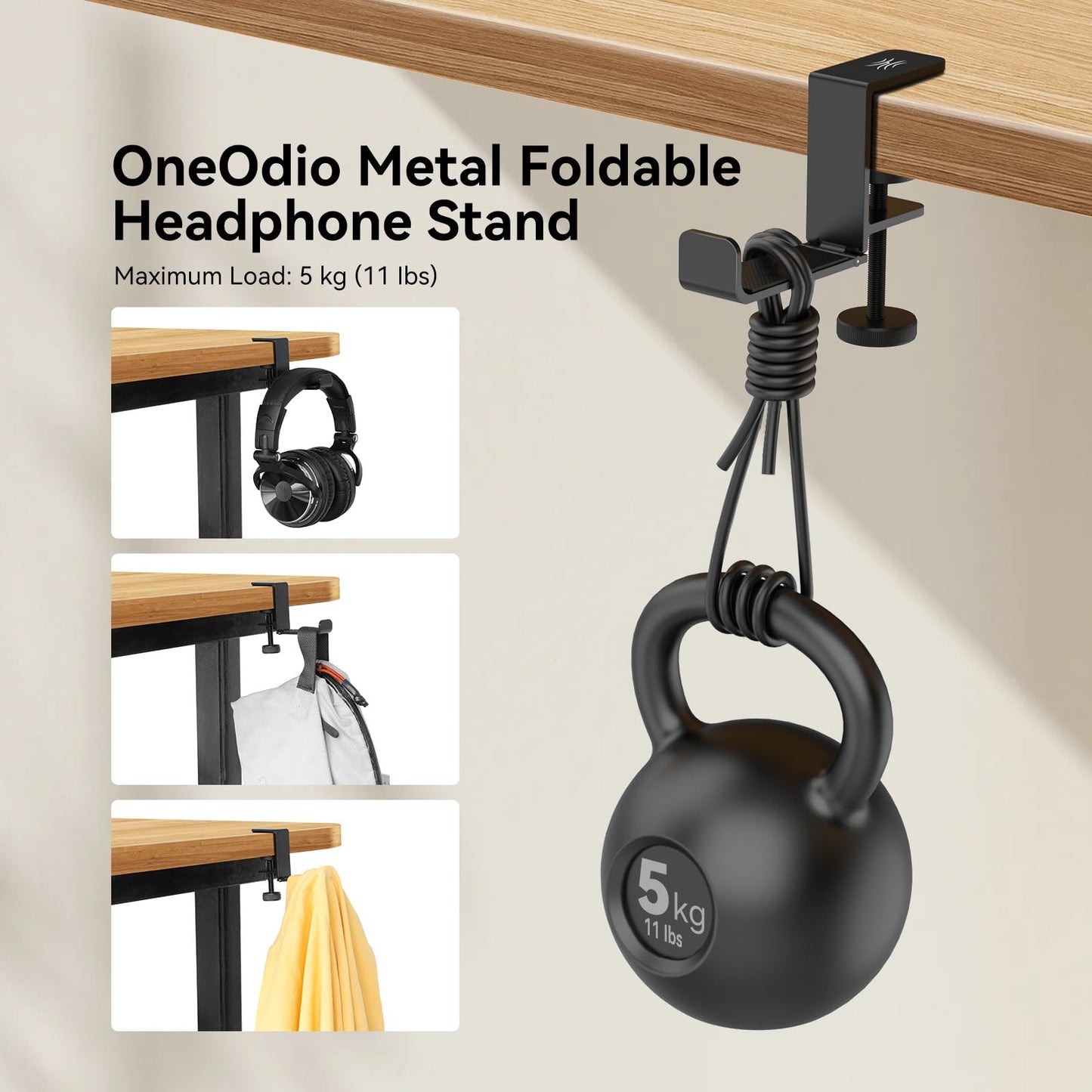 OneOdio MTL99 Foldable Headphone Stand, Metal Headset Holder Space-Saving Table Hook, Clamp-on Under Desk Hanger, Universal Fit Gaming Headphones Mount, Black
