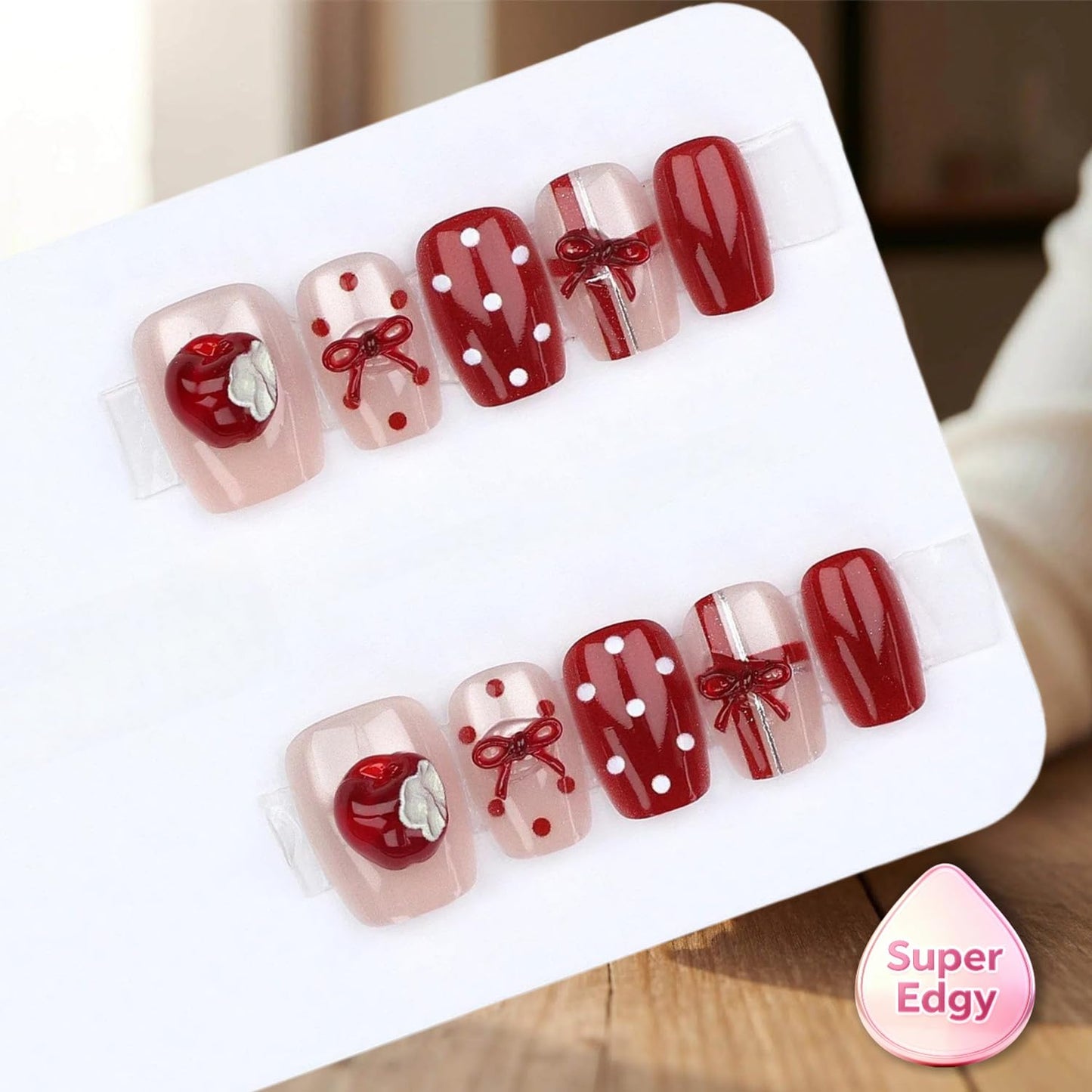 3D Red Press On Nails, Cute Bow & Polka Dot Design, Glossy Square Fake Nails with 3D Flower Accent, Holiday On Nails for Women, 30 PCS Set (The sizing runs small)
