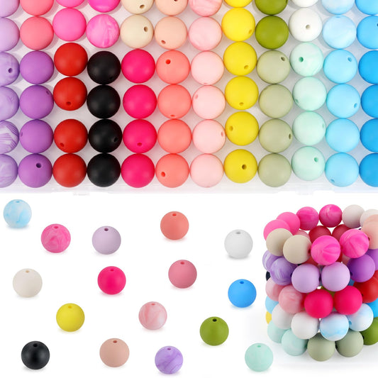 SALUOKE 100 Pcs 15mm Silicone Beads for Keychain Making, Pink Gream Silicone Beads Bulk Round for Bracelets Pens Crafts Jewelry Making (Colorful)