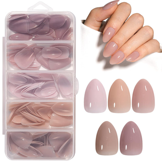 AILLSA RealFit Nude Tone Mixed Color Press On Nails Short Almond - 4 in 1 False Nail Tips Set Long Lasting Nail Extensions For Nail Art DIY 150 PCS