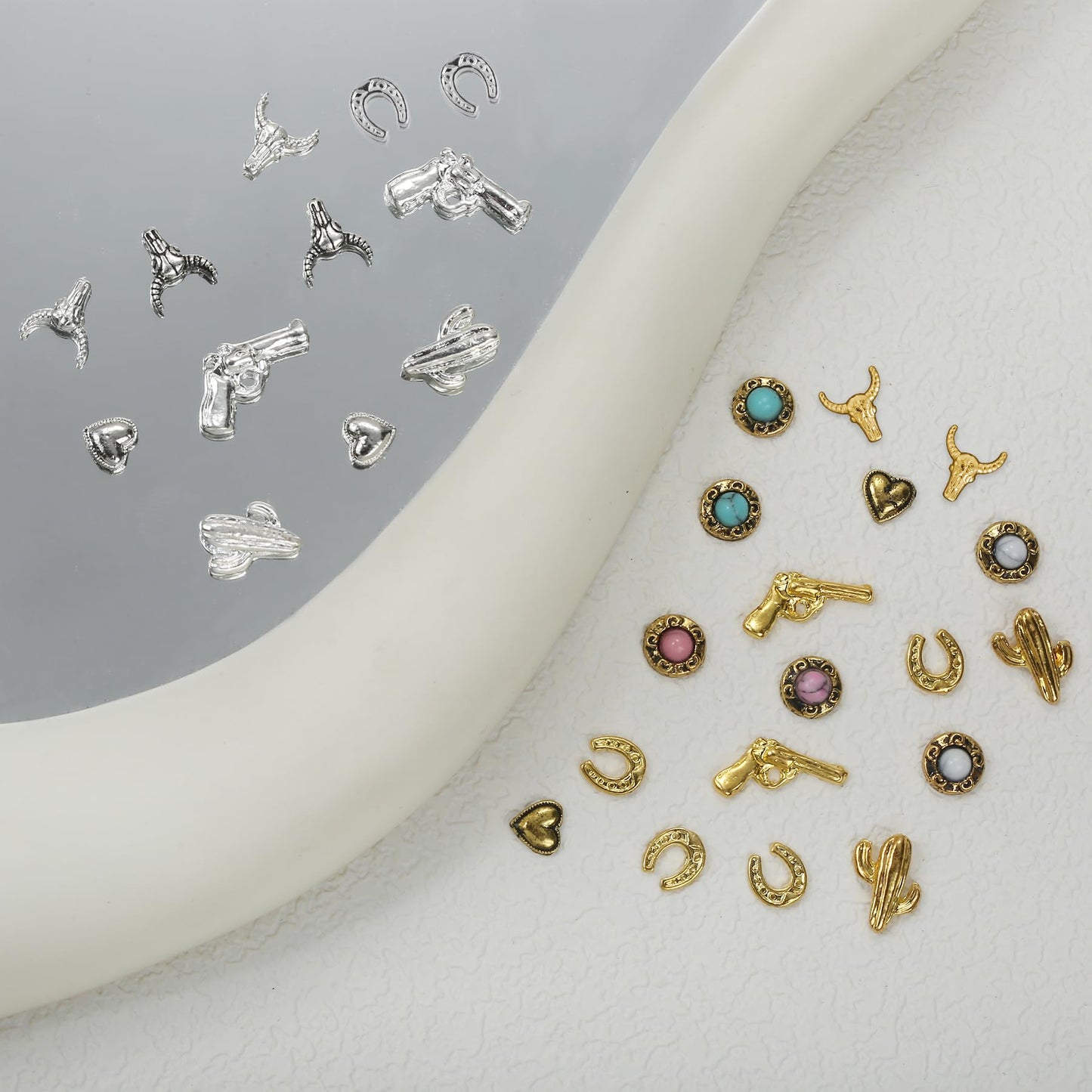 Ohmique 30 PCS Western Nail Charms - 3D Vintage Cowboy Cowgirl Nail Charms, Turquoise, Gold, Silver, Pink, Blue Retro Metal Gem Western Art Stickers Accessories for DIY