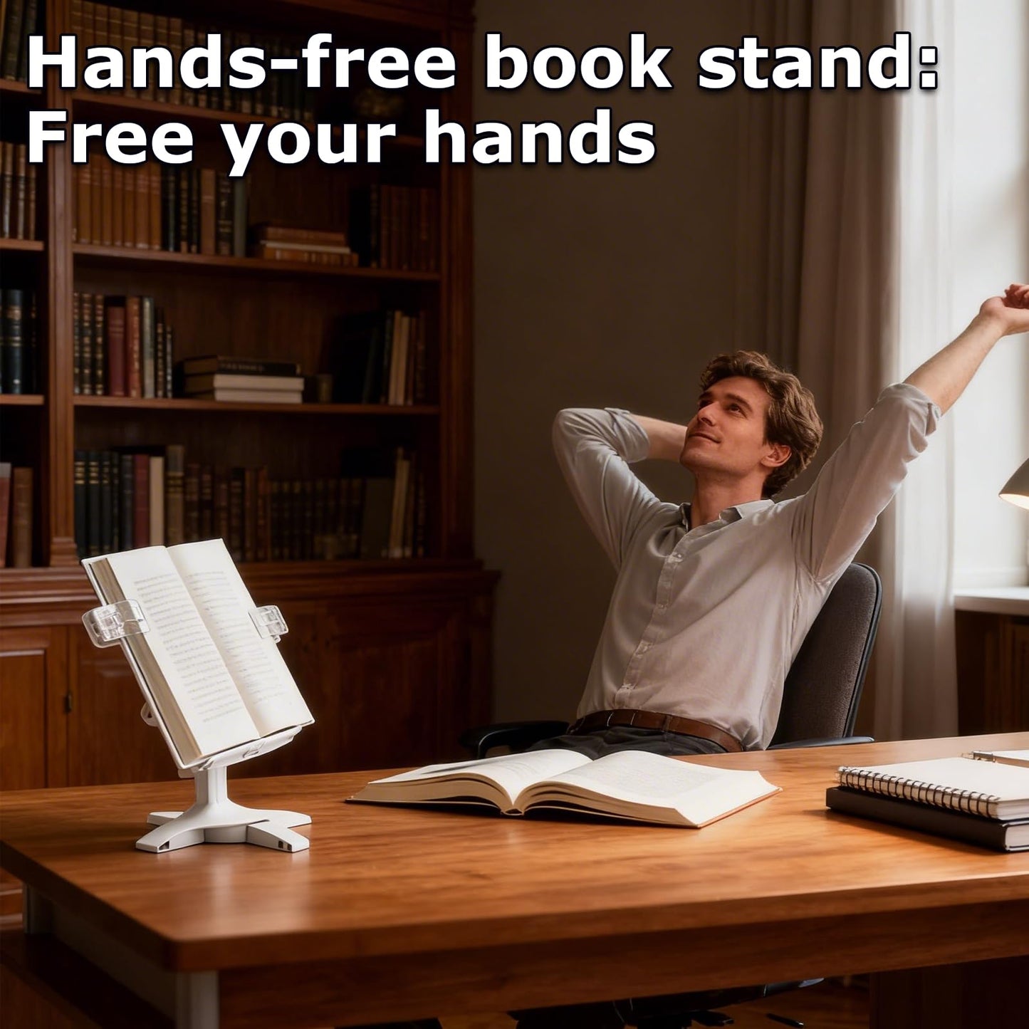 Adjustable Book Stand for Reading,160° Rotating Hands Free Book Stand,Adjustable Height and Angle Recipe Book Holder, with Extendable Page Clips, for Tablet,Laptop,Magazine,Recipe