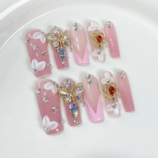 Handmade Press on Nails Long Coffin Fake Nails with 3D Butterfly Rhinestones Designs False Nail Pink Sparkly Acrylic Nails French Tip for Women 10pcs (Size M）