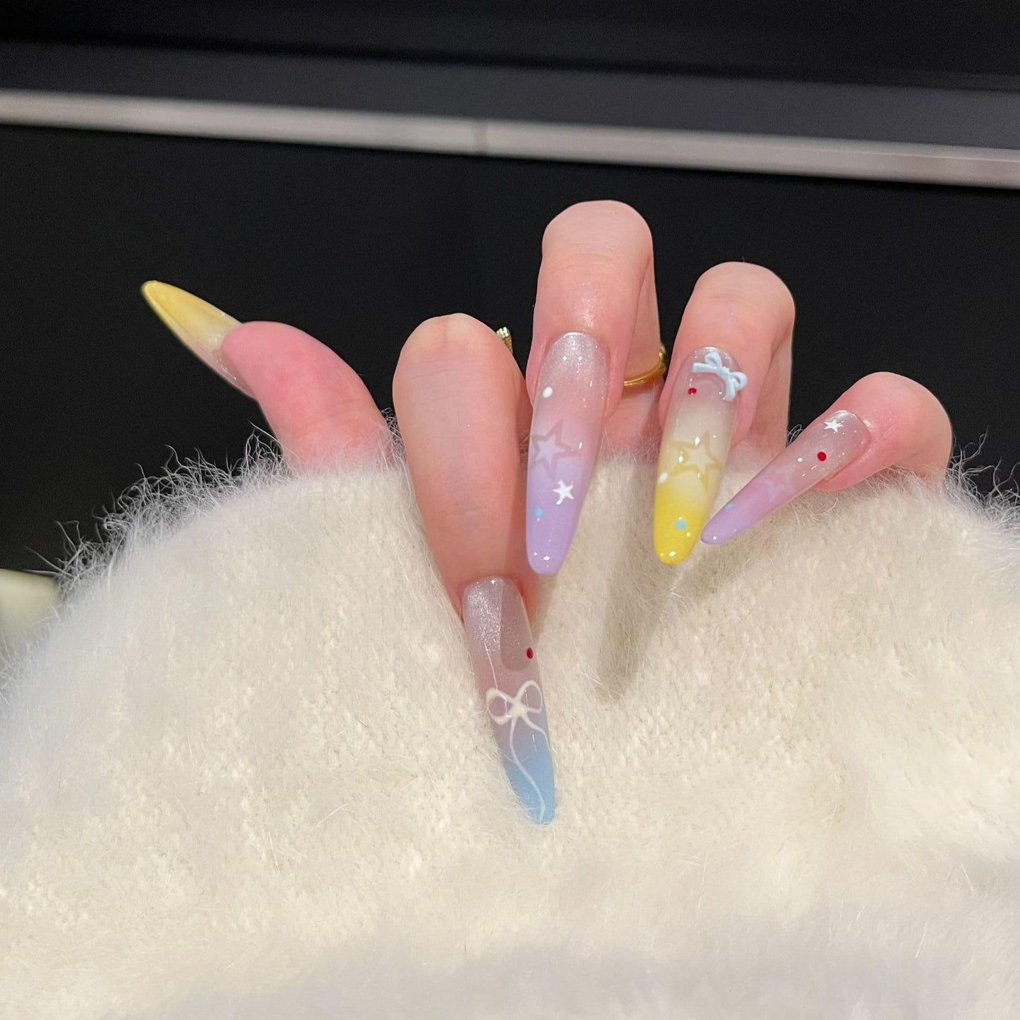 Dreamy Pastel Ombre Press On Nails, Star & Bow Embellished Extra Long Stiletto Fake Nails, Reusable Manicure Set (S)
