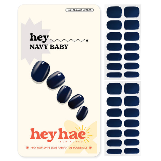 Heyhae Semi Cured Gel Nail Strips | No LED Lamp Needed | Summer, Solid, Navy | Easy Apply & Remove, Salon Quality | Includes 28 Strips, 1 Prep Pads, Nail File & Wooden stick - Hey, Navy Baby