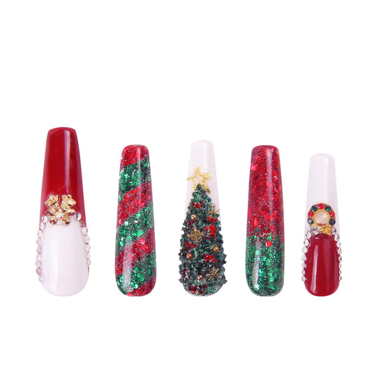 LOVFUL Press on Nails Merry Christmas| Handmade with Full Covered Crystals | Reusable Fake Nails | Coffin Mid Length 1.7 in | H78-L
