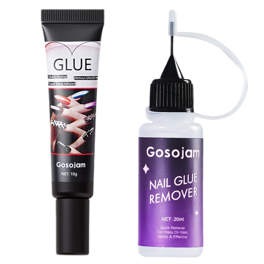 Gosojam Nail Glue & Remover Kit, Semi Solid Nail Glue Gel 10g for Press On Nails, Nail Glue Remover 20ml Pinpoint Precision Tip, Quick Dry No UV Light Needed, Tools for False Nail Tips