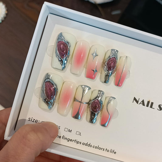 TENPAL 10pcs Coffin Press-On Nails Kit,Punk Metal Glam False Nails with Airbrush Blush Designs,Cat Eye Edgy Gradient Pink Nails with Rhinestones,Hip Hop Goth Chrome Fake Nails Set with Tools(M)