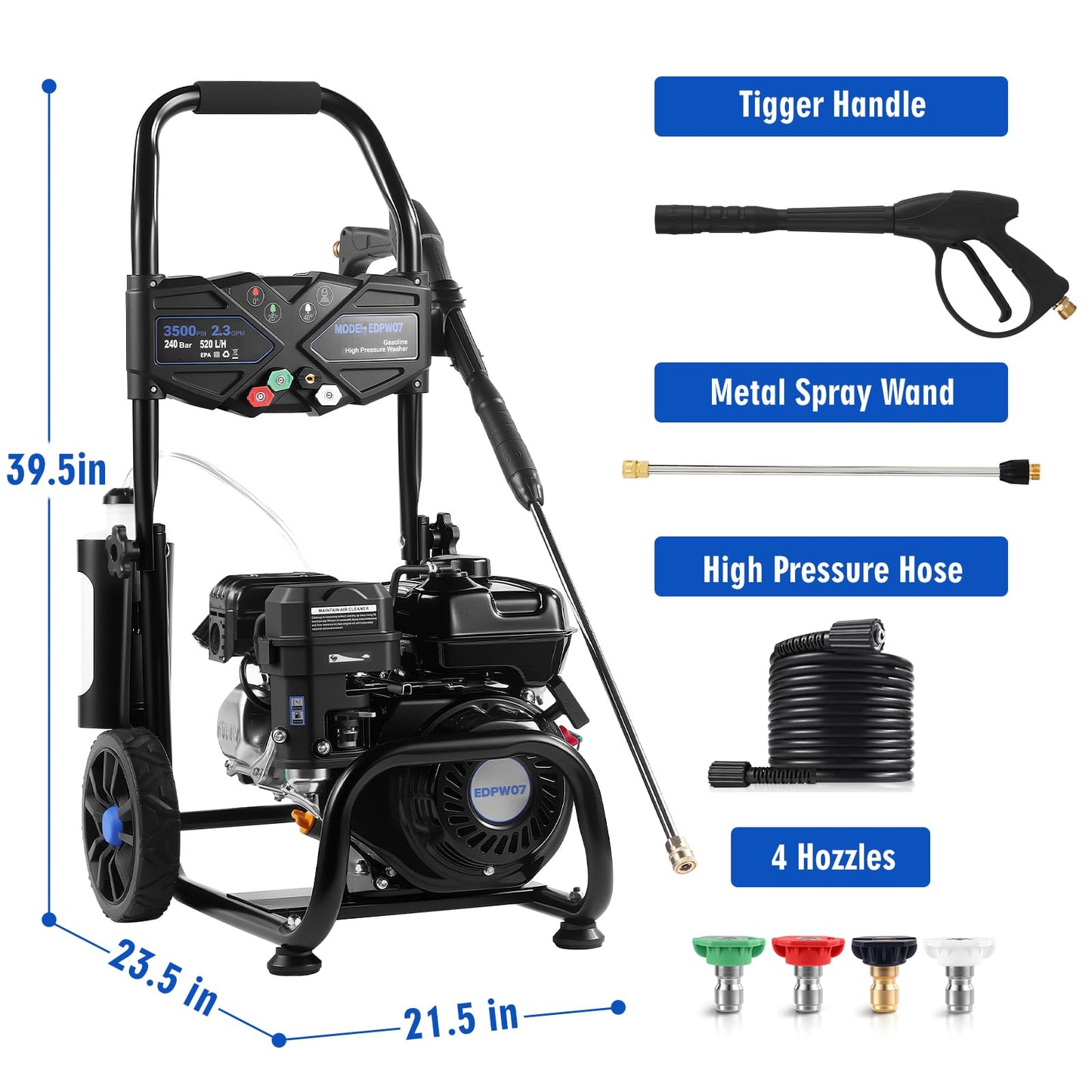 Gas Pressure Washer, 3500 PSI and 2.3 GPM High Pressure Cleaning Machine with 4 Quick Connect Nozzles & Foam Cannon, Portable Pressure Washer for Cars, Fences, Driveways, Patios, Home Cleaning