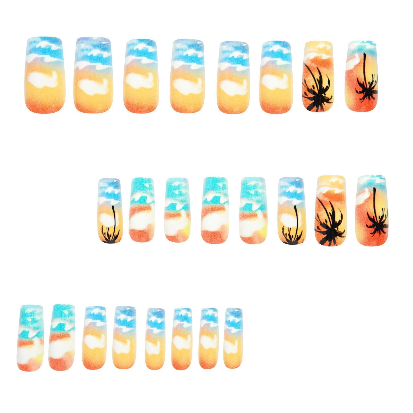 CTTHNBD Press on Nails Medium - Coffin Fake Nails with Beach Coconut Tree Design - Colorful, Summer False Nails Press ons - for Women 24 Pcs