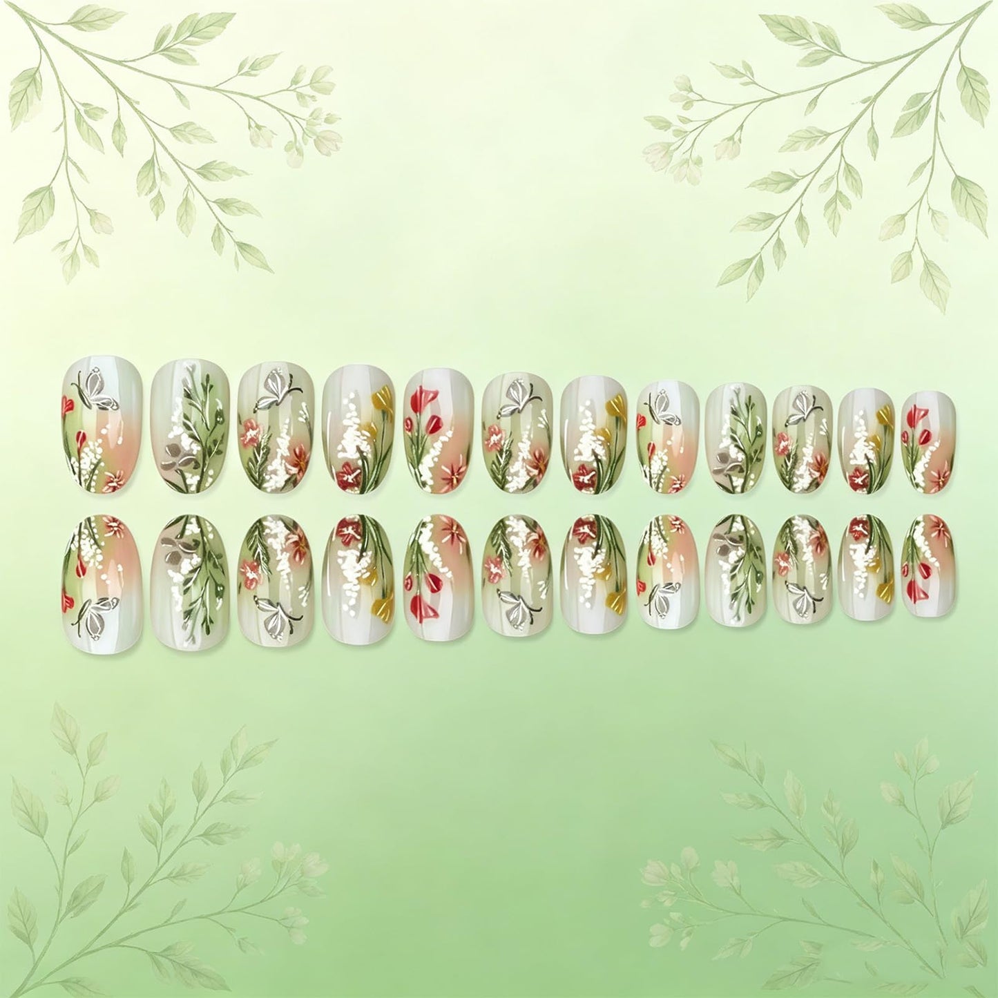 Flower Press on Nails Short Oval, Floral False Nails, Glossy Green Ombre Fake Nail Butterfly Glue on Nail, Leaf Stick on Reusable Acrylic Fingernails for Women Summer Daily Wear