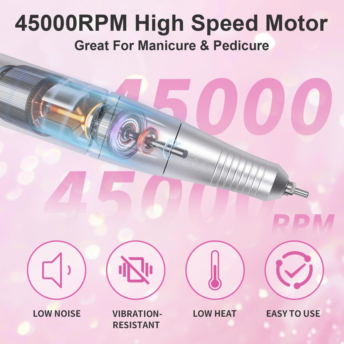 siyuwuro Portable Nail Drill 45000 RPM Professional Cordless Rechargeable Electric Nail File for Removing Polishing Acrylic Gel Nails with 6 Drill Bits & Sanding Bands, Nail Salon Home Use, Pink