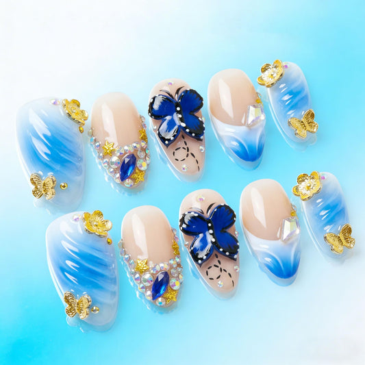 Handmade Press on Nails Almond Shape 3D Cute Glue on Nails for Women, Luxury Homemade Press on Nail Art Design, Fake Nails with 3D Nail Charms Size M 9