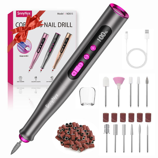 SnnyNyx Electric Nail Drill Professional, 35000RPM Cordless Acrylic Nail Kit for Nail Polish Remover, Electric Nail File Buffer Grinder, Nail Filer Electric Manicure and Pedicure kit (Matte Gray)
