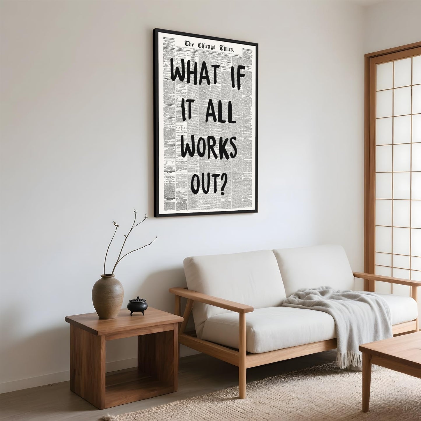 Framed What If It All Works Out Wall Art Black and White Retro Newspaper Poster Positive Motivational Canvas Print Painting Inspirational Quote Picture Wall Decor for Office Home Bedroom Dorm 8x12inch