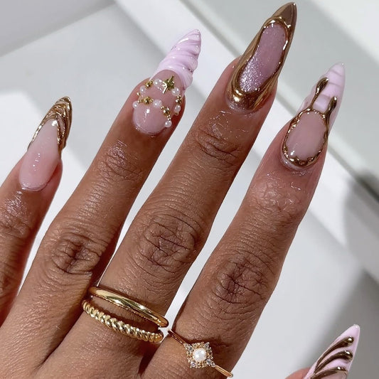 plalely Almond Press on Nails Long Pink Fake Nailwith 3D Charms Acrylic Nail Press ons Golden Embossed Stick on Nails for Women 24pcs