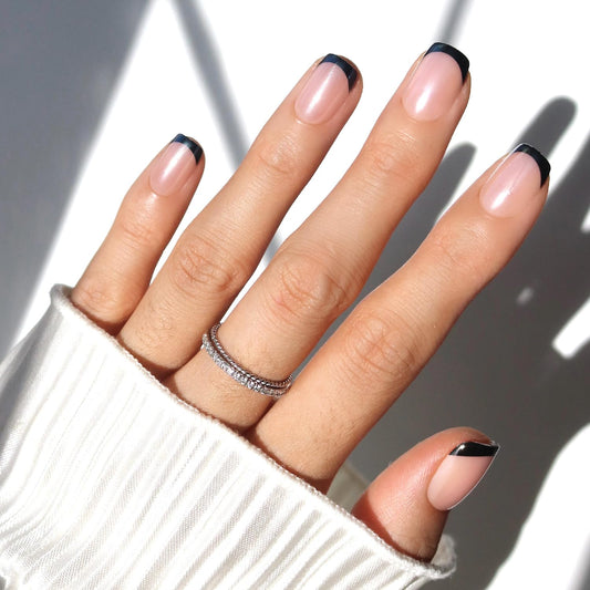 Glamnetic Press On Nails - Short Squoval Fake Nails, Black French Tip Nails, Squid Ink | 15 Sizes - 30 Nail Kit with Glue