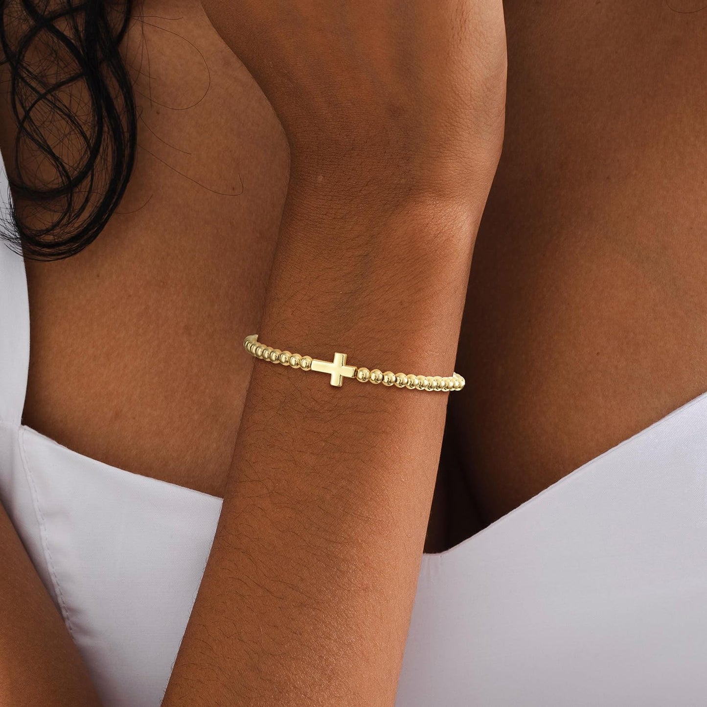 Beaded Bracelets for Women 14K Silver Gold Plated Stretch Handmade Ball Bracelets Cute Charm Bracelet Dainty Stackable Cross Heart Bow Wave CZ Circle Trendy Jewelry Easter Gifts (cross)