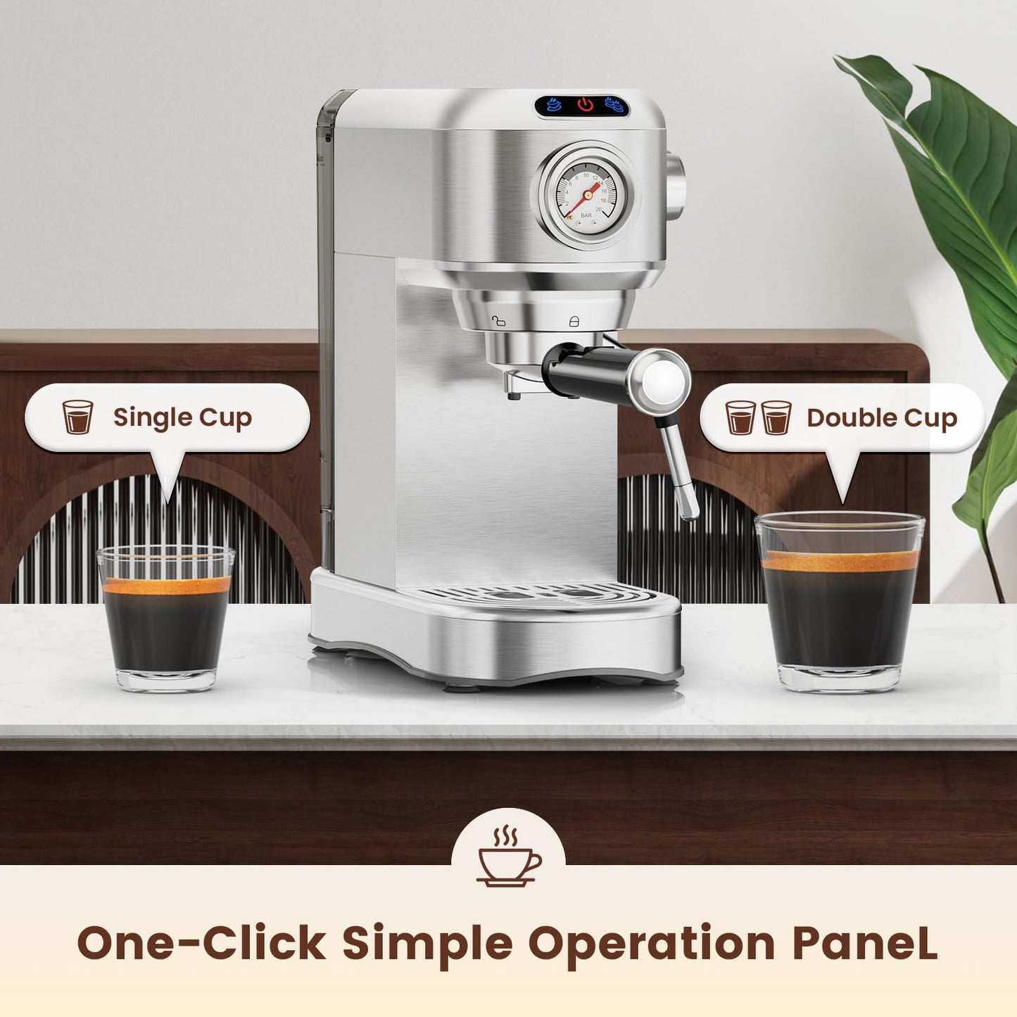 ANYCOLD Espresso Machine 20 Bar, Compact Espresso Maker, Stainless Steel Expresso Coffee Machines with Steam Milk Frother & 34oz Removable Water Tank for Cappuccino, Latte, Home Office Use, Silver