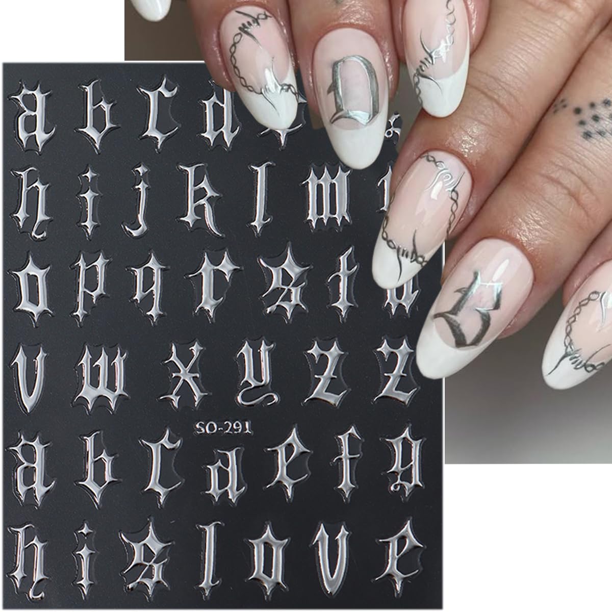 Retro English Letters Nail Stickers 3D Self Adhesive Old English Nail Art Stickers Black White Gold Silver Nails Design Decals Old Alphabet Nail Decorations for Women DIY Nails Supplies 8Sheets