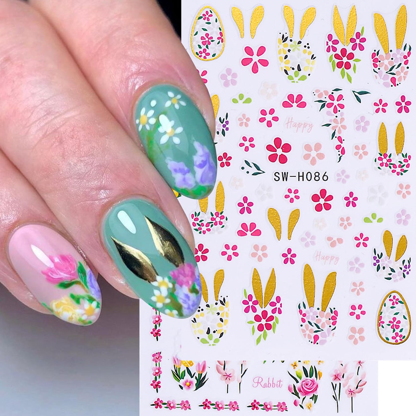 Easter Bunny Nail Art Stickers Decals 12 Sheets 3D Self-Adhesive Cute Rabbit Nail Art Stickers Easter Egg Chick Ears Designs Colorful Flower Daisy Spring Sliders Holiday Manicure Decoration